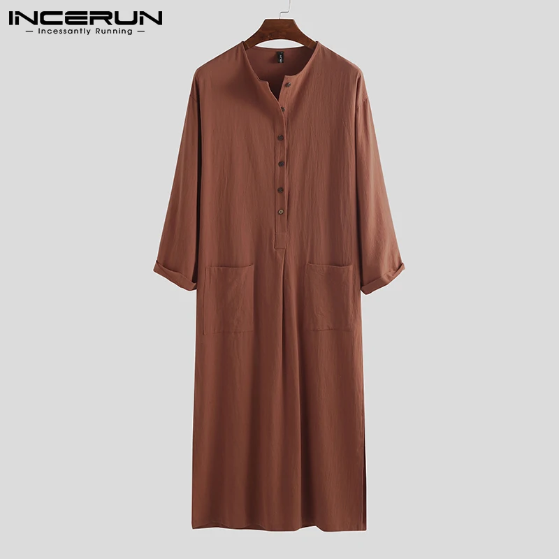 INCERUN Men's Jubba Thobe Islamic Arabic Muslim Kaftan Long Sleeve Solid Comfortable Pockets Saudi Arabia Mens Abaya Robes S-5XL