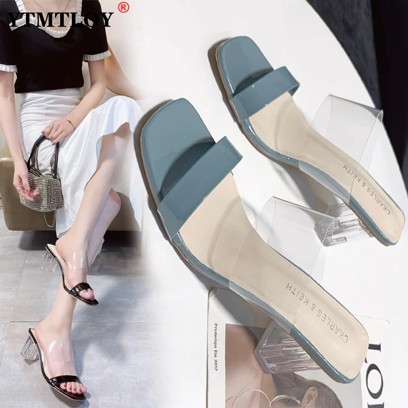 

Новые летние сандалии, модные сандалии из ПВХ с ремешком и кристаллами, женские сандалии на высоком прозрачном каблуке с открытым носком, та...