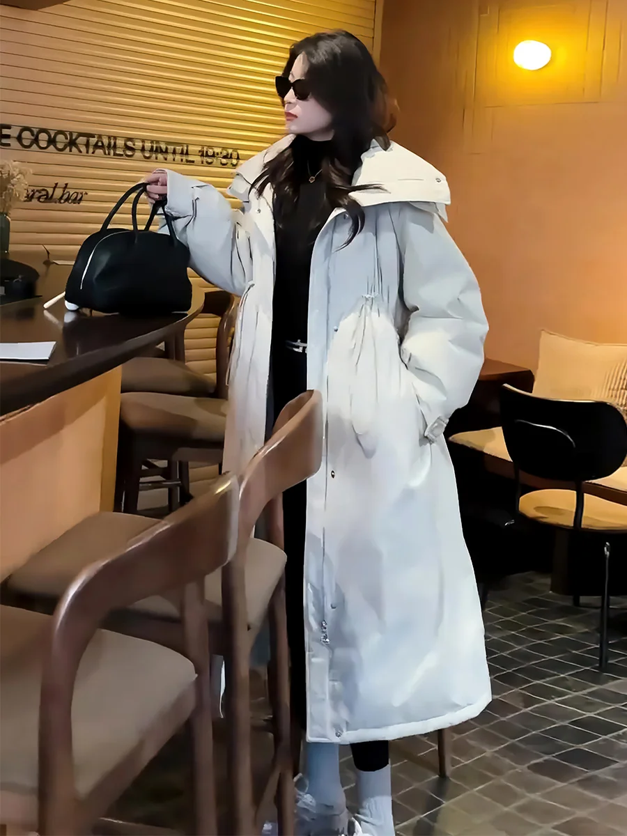 2024 Winter New Fashion Light Luxury Advanced Drawstring Hood Design Long 90 White Duck Down Down jacket Outerwear Women