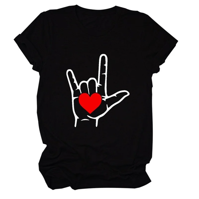 

Heart Rock You Gesture Print Women T Shirt Short Sleeve O Neck Loose Women Tshirt Ladies Tee Shirt Tops Clothes Camisetas Mujer