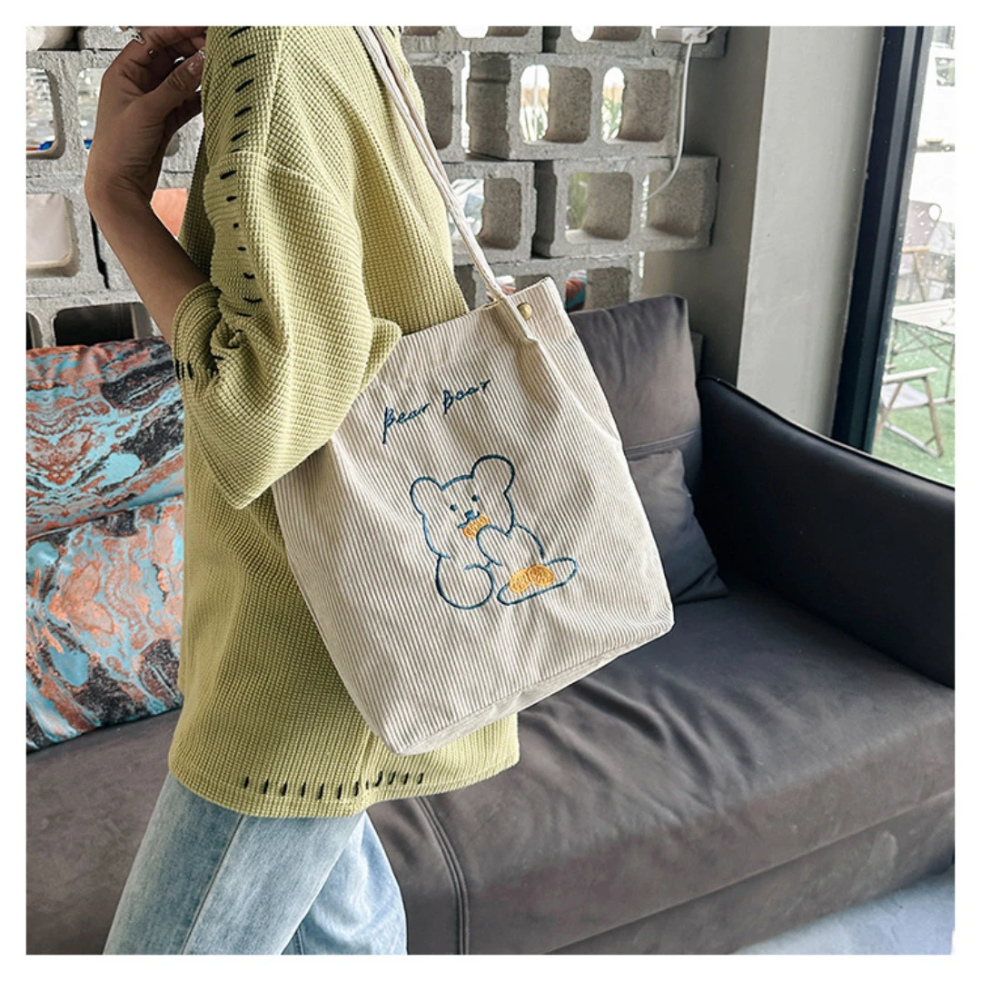 

Women Corduroy Shoulder Bag High-capacity Bear Ladies Casual Handbag Tote Bag Reusable Large Capacity Cotton Shopping Beach Bags