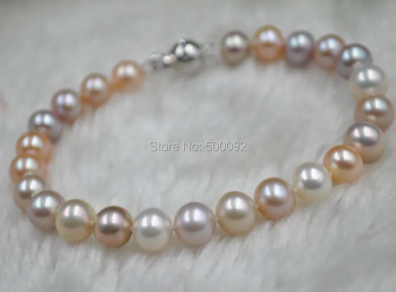 

Stunning 7.5" 7.8-8mm round white pink purple genuine pearl bracelet