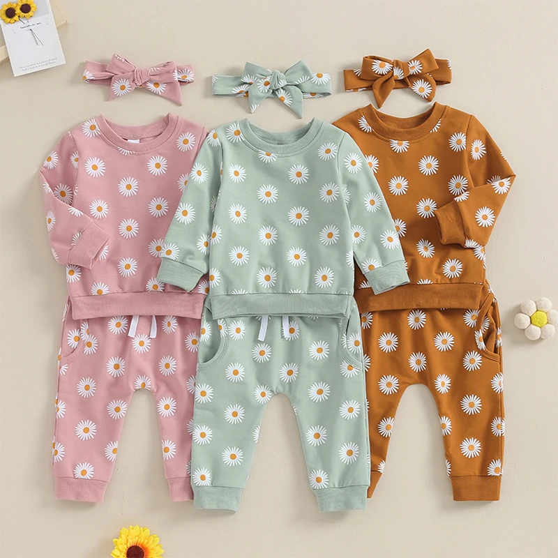 

Комплекты одежды для новорожденных девочек на весну и осень, пуловер с круглым вырезом и длинным рукавом и цветочным принтом, свитшоты, штаны, повязка на голову, повседневная одежда