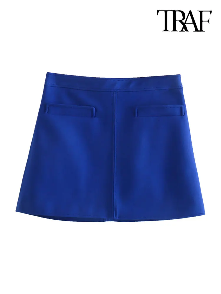 

TRAF Women Fashion Front Pockets A Line Mini Skirt Vintage High Waist Back Zipper Female Skirts Mujer