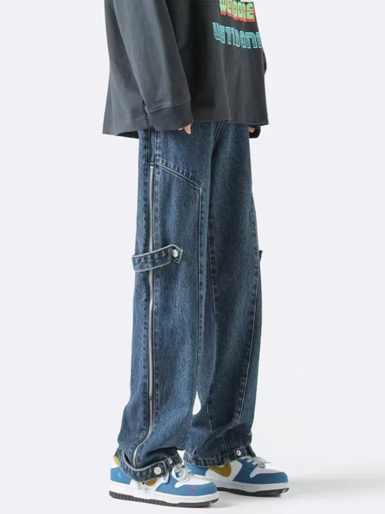 

Side Zipper Open Design Men's Loose Denim Trousers Retro Straight Street Loose Wide Leg Split Trousers Designer Jeans Pants Men