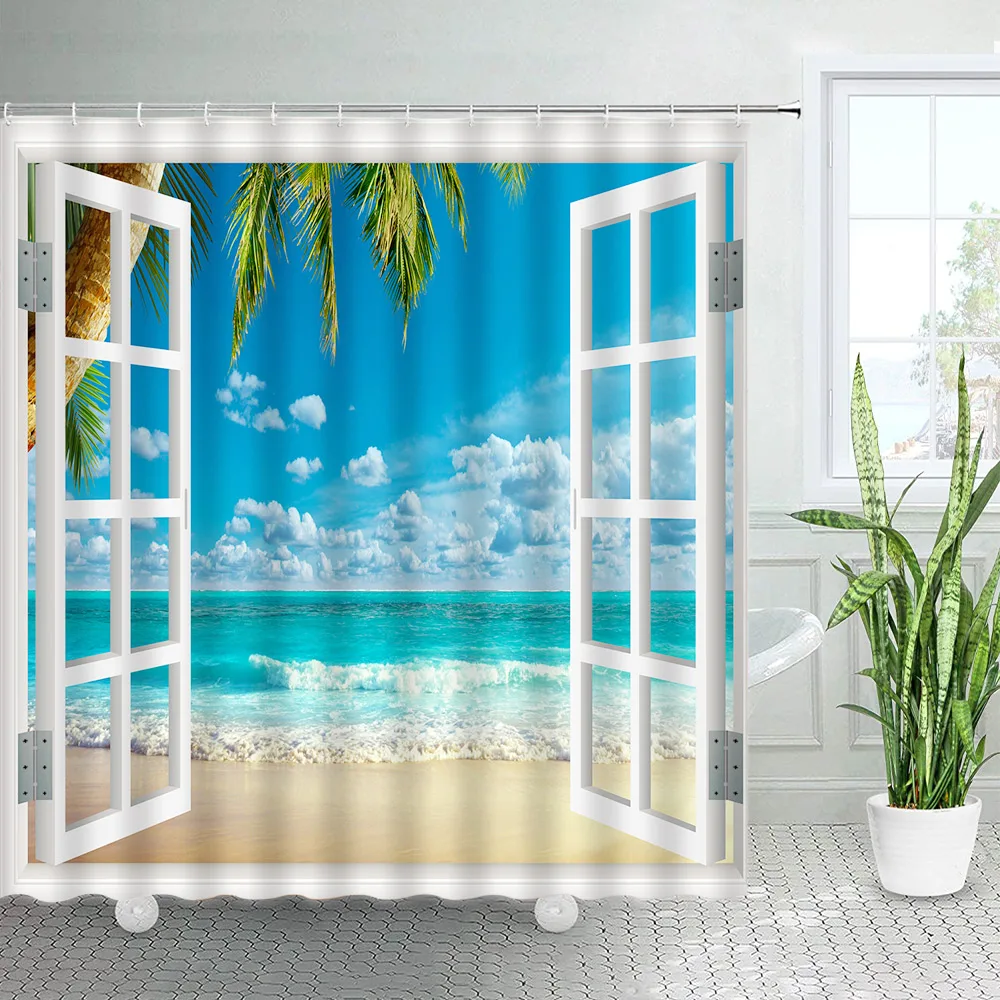 

Занавеска для душа с пляжным ландшафтом океана, белое окно, пальма, морская волна, летний натуральный пейзаж, водонепроницаемая тканевая Штора для ванной комнаты