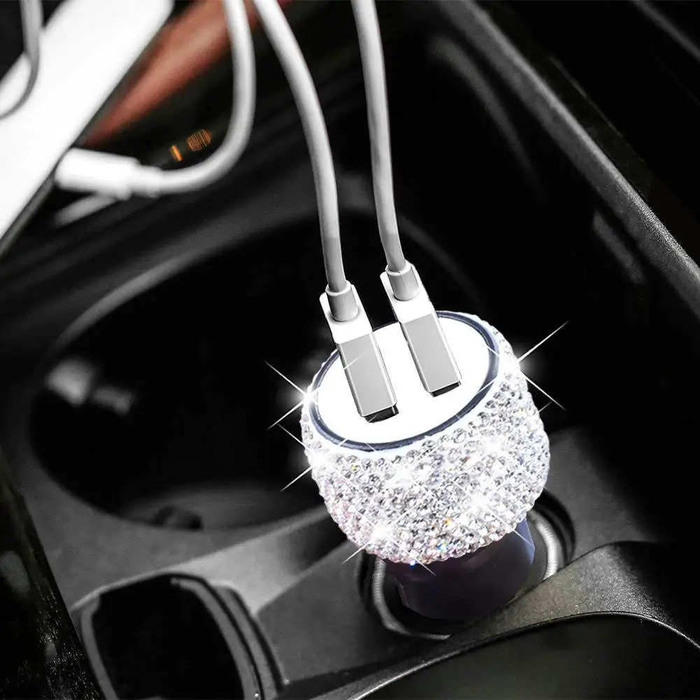 

New Bling USB Car Charger 5V 2.1A Dual Port Fast Adapter Pink Car Decor Car Styling Diamond Car Accessories Interior