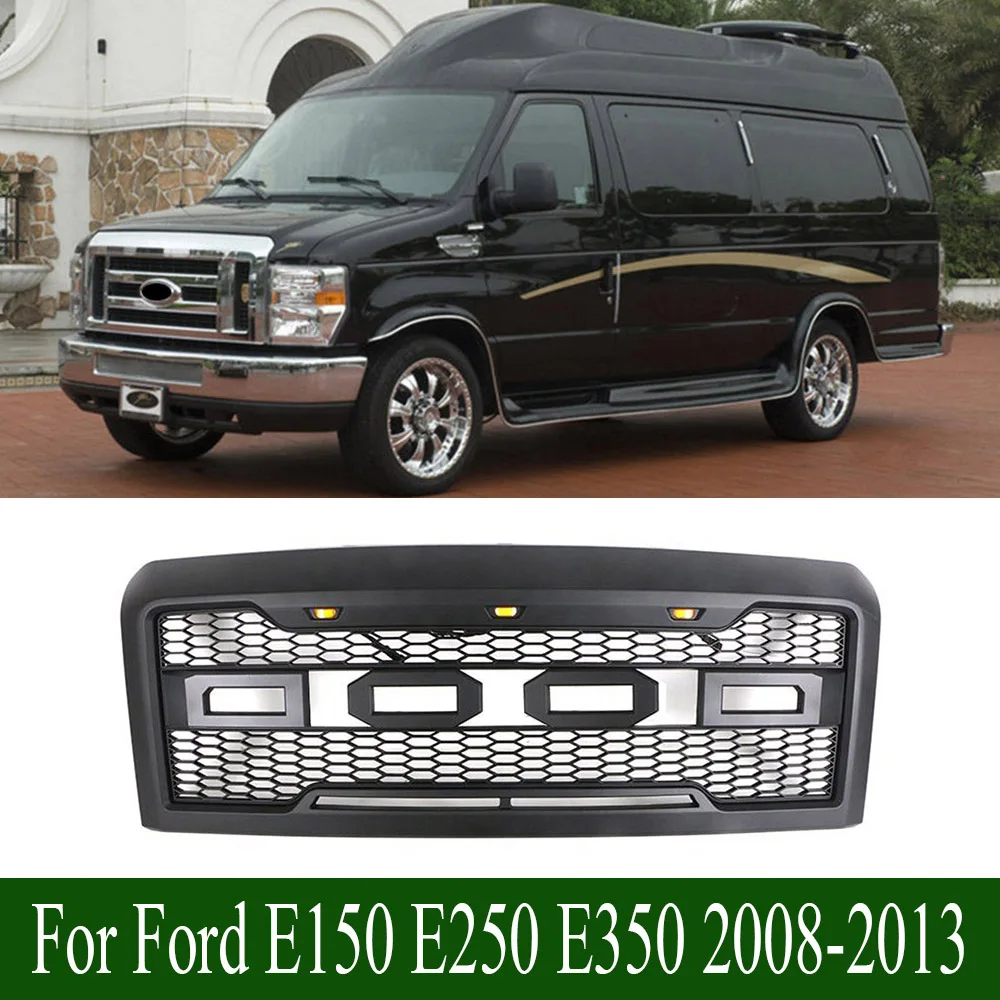 

For Ford E150 E250 E350 2008-2013 4x4 Off road Auto Parts ABS Black Car Front Upper Grille Car Grille With Led Light Bar Fit