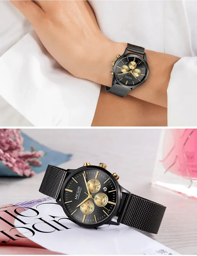 Женские часы MEGIR классические водонепроницаемые из нержавеющей стали с