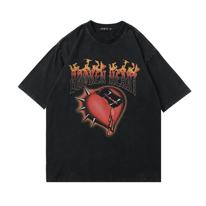 

New Cotton Harajuku High Street T-shirt Dark Heart Print Short Sleeve Men and Women Lovers Casual Oversized Loose Top