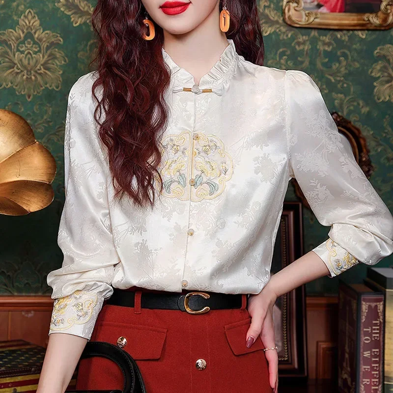 Модная женская рубашка с длинным рукавом рюшами и вышивкой блузка женские топы