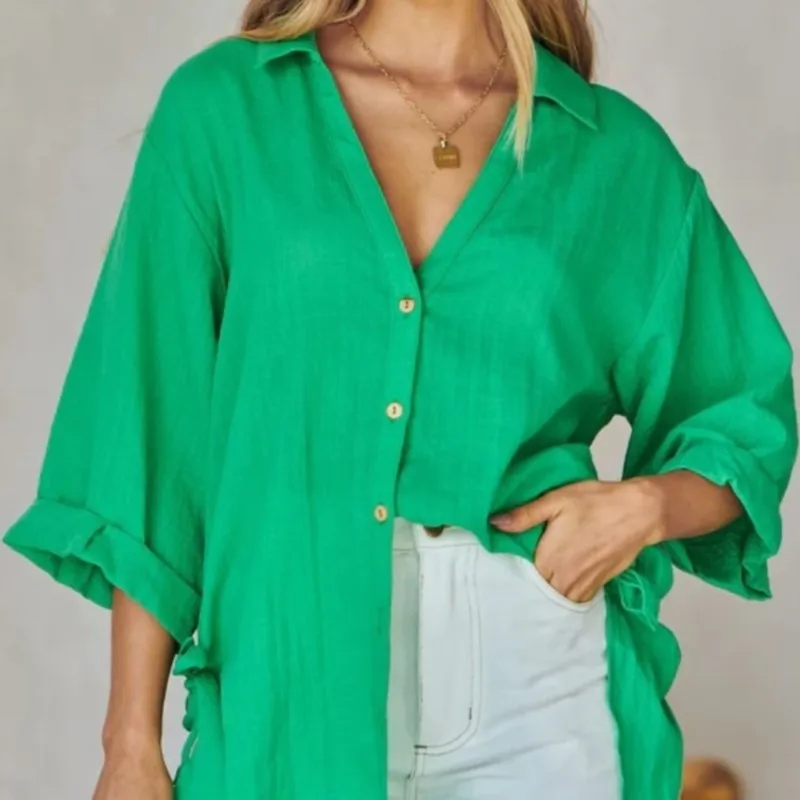 

Spring Fashion New Women's Wear Side Lace Up 7 Flare Sleeve Swallowtail Casual Solid Color Versatile Cotton and Hemp Long Shirt
