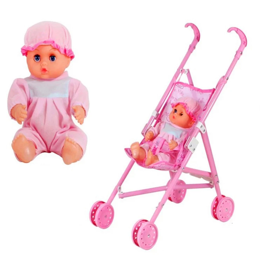 2 teile/satz Baby Rosa Puppe Kinderwagen Mit Baby Puppe Warenkorb Set Kunststoff Puppenhaus Kindergarten Möbel Karren Spielzeug Pretend Spielen Spielzeug für Kid