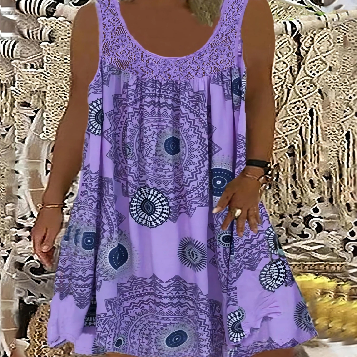 Plus Size Eyelet-Embroidered Tank Dress - Sleeveless Geometric Print Vacation-Ready with Contrast Lace All-Season Comfort