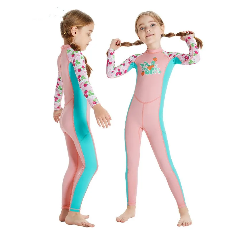 Summer New Girls Wetsuit One-piece Long-sleeved Diving Suit Sunscreen Cartoon Surfwear Quick Drying Children'sSwimsuit 2023