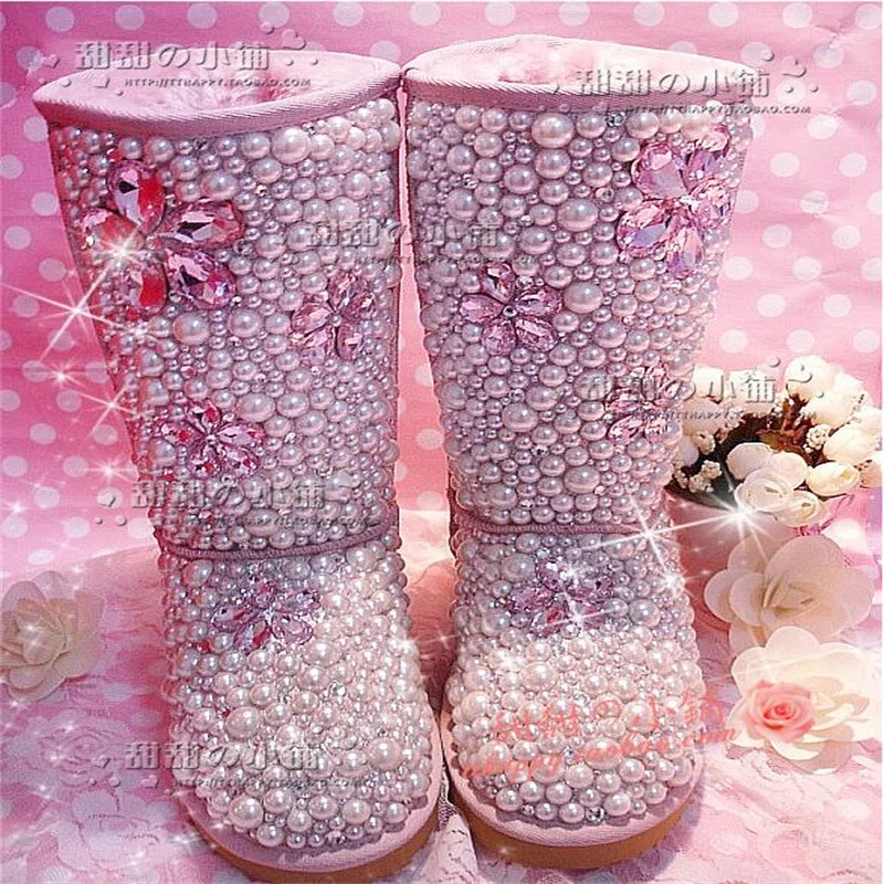 

Pink handmade custom pearl full diamond rhinestone gem snow boots middle boots 35-44