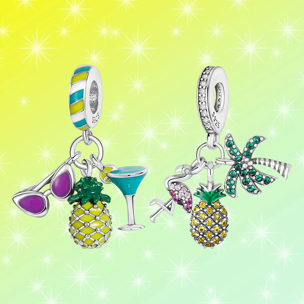 

925 Silver Beach Carnival Coconut Tree Pineapple Pendant DIY Bracelet Necklace Fit for Pandora Girls Banquet Party Gift