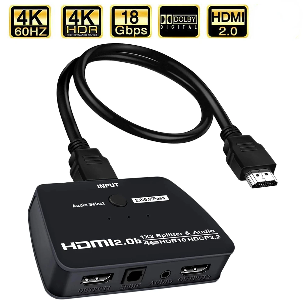 

Сплиттер 1X2 с аудио цифровым 1 в 2 выходом 1080P 4K HDMI-совместимый сплиттер 2,0 HDR 4K 60 Гц UHD HD 2,0 1080P 4K 60 Гц