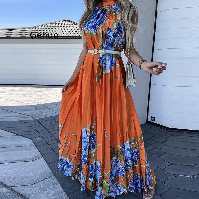 

Summer Fashion Commute Loose Waist Pleated Maxi Dress Sexy Sleeveless Halter O Neck Party Women's Dresses Slim Bohemia Vestidos