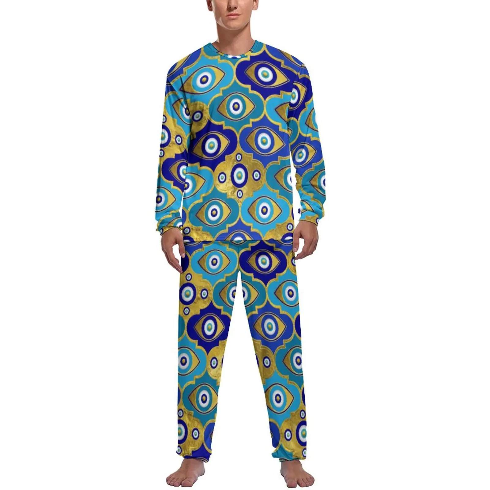 Evil Eye Charms Pajamas Quatrefoil Pattern Mens Long Sleeve Lovely Pajama Sets Two Piece Aesthetic Spring Graphic Nightwear Gift