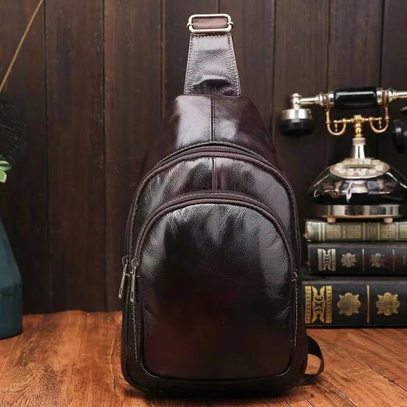 Genuine Leather Large Capacity Men Chest Bag Luxury Cowhide Chest Pack Retro Male Shoulder Crossbody Bag Business Sling Bag