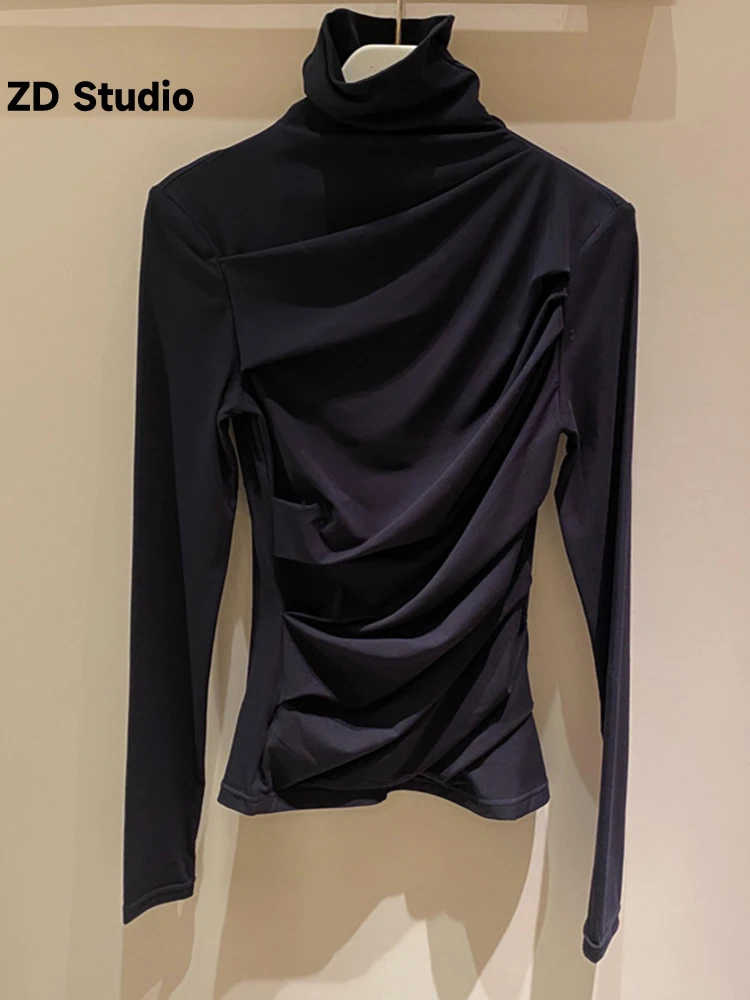 

[ZD Studio] маленькая осенне-зимняя новая облегающая футболка с оборками и длинным рукавом, однотонный топ с высоким воротником и асимметричным низом для женщин