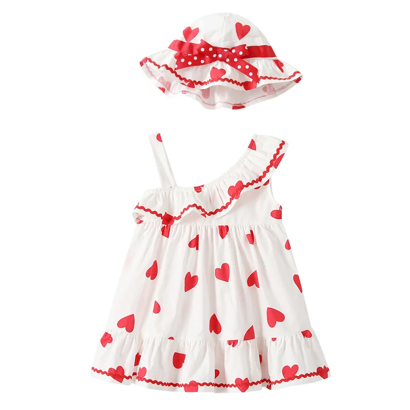 0-2 Years Summer Love Heart Cotton Baby Girls Dress with Hat