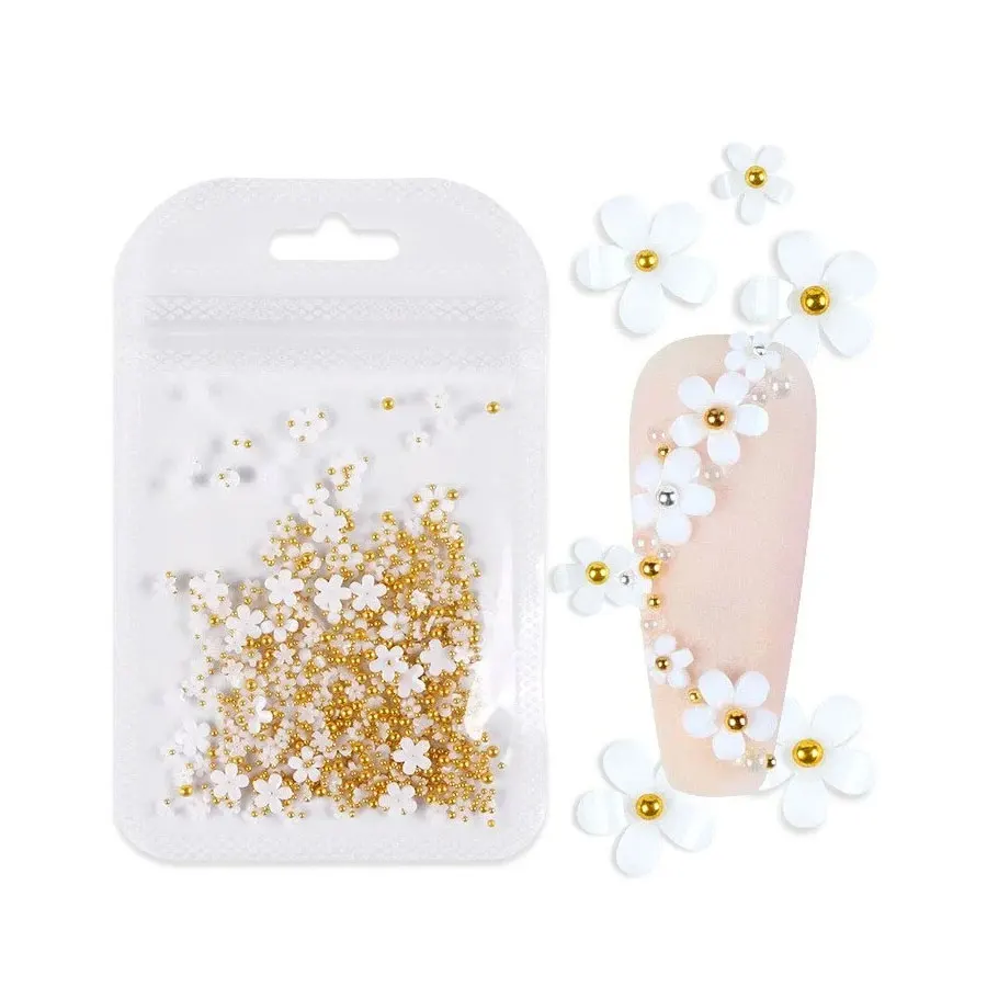 200 шт. 3D белый цветок и золотые бусины жемчуг Nair Art Accesorries инструмент для красоты