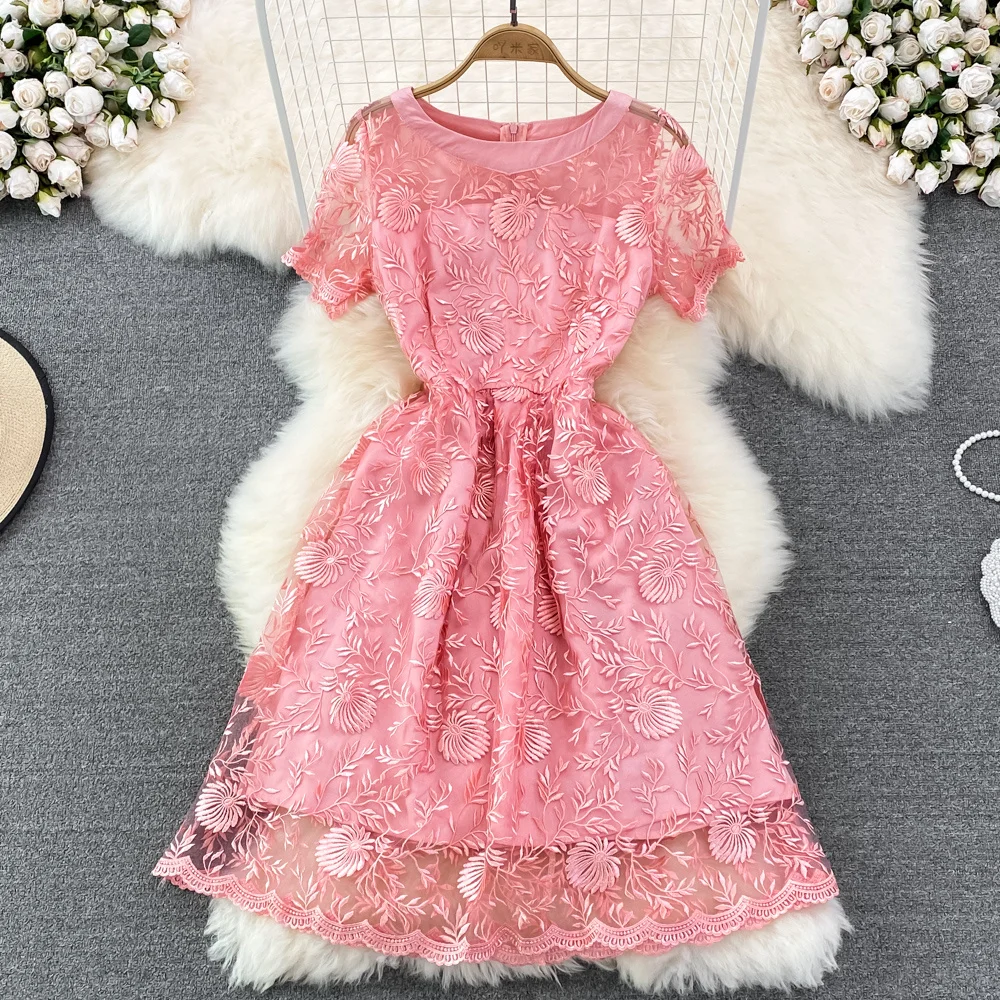 

Летнее роскошное женское розовое праздничное платье, винтажное приталенное Сетчатое платье с вышивкой, Элегантные короткие платья с широк...