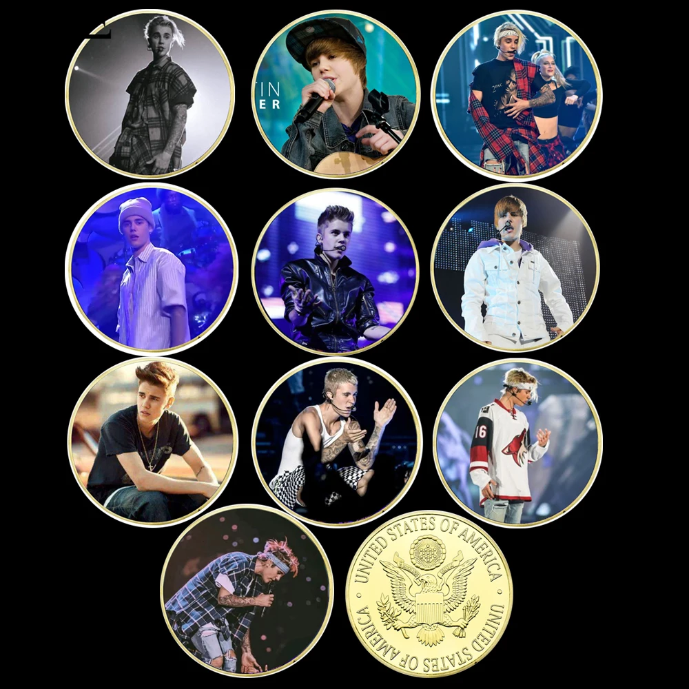 

10pcs New Justin Bieber Commemorative Coin Wooden Box Set Gold Plated Challenge Coin Retro Collectible Gift Custom Wholesale