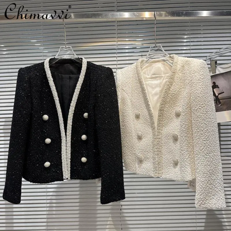 

Spring Clothes New Fashion Heavy Industry Pearl Edge Bright Silk Tweed Coat Elegant Socialite Slim Fit Temperament Short Jacket