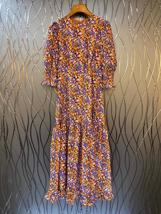 

Женское платье с длинным рукавом, длинное платье с круглым вырезом и цветочным принтом, украшенное талией, 2022, новинка 420