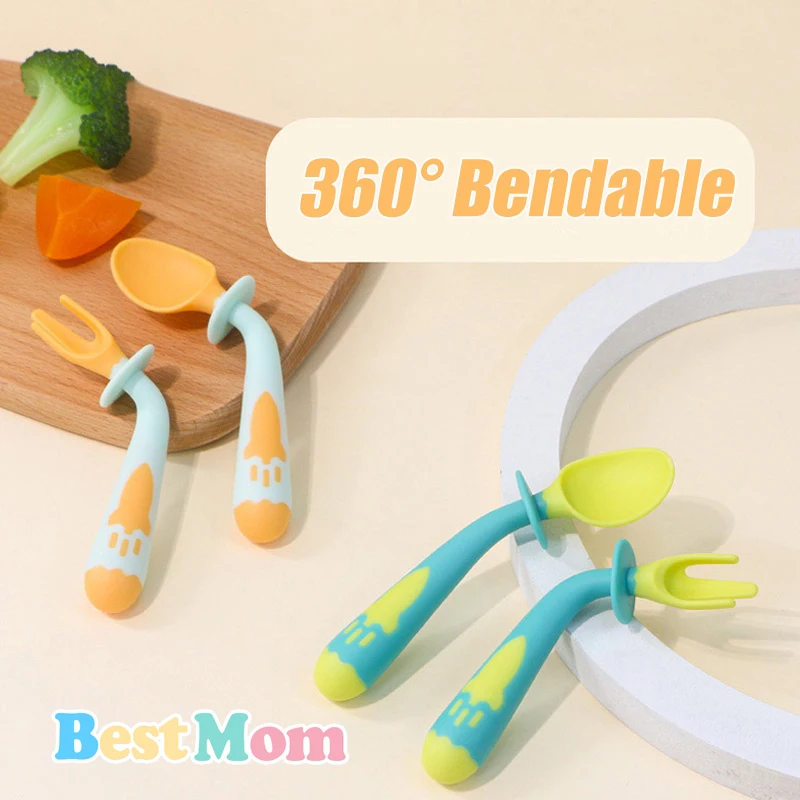 

2Pcs/set Baby Silicone Spoon Fork Utensils Toddler Learn To Eat Training Bendable Soft Dinnerware Infant Child Feeding Tableware