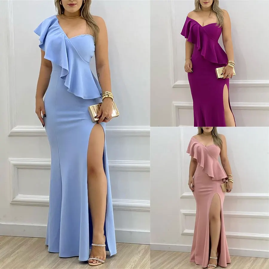 

Elegant Women Sleeveless V-neck Slit Bodycon Dress 2023 Summer Chic Ruffle Pleated One Shoulder Party Dresses Lady Evening Robe