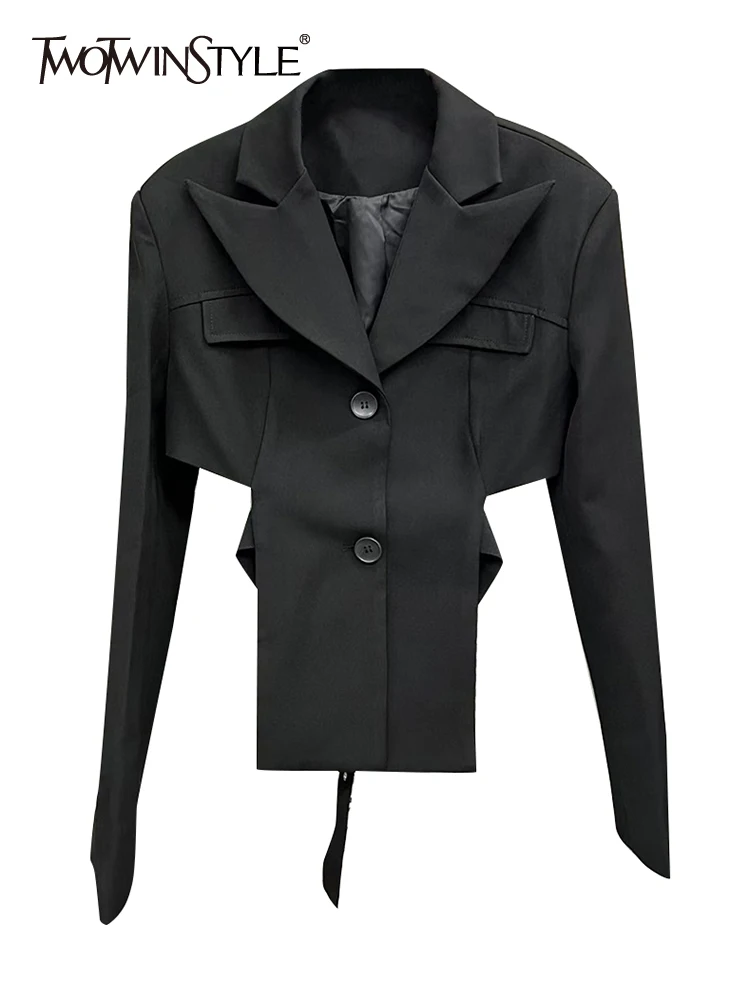 TWOTWINSTYLE Autumn Black Blazer For Women Notched Collar Long Sleeve Solid Minimalist Lace Up Blazers Female Clothing 2022 New