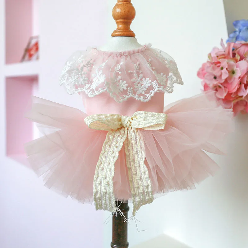 

Summer New Pet Cute Dress Princess Breathable Yarn Fairy Lace Pink Fluffy Yarn Skirt Decorated with Bow Cat Apparel Pet Clothing