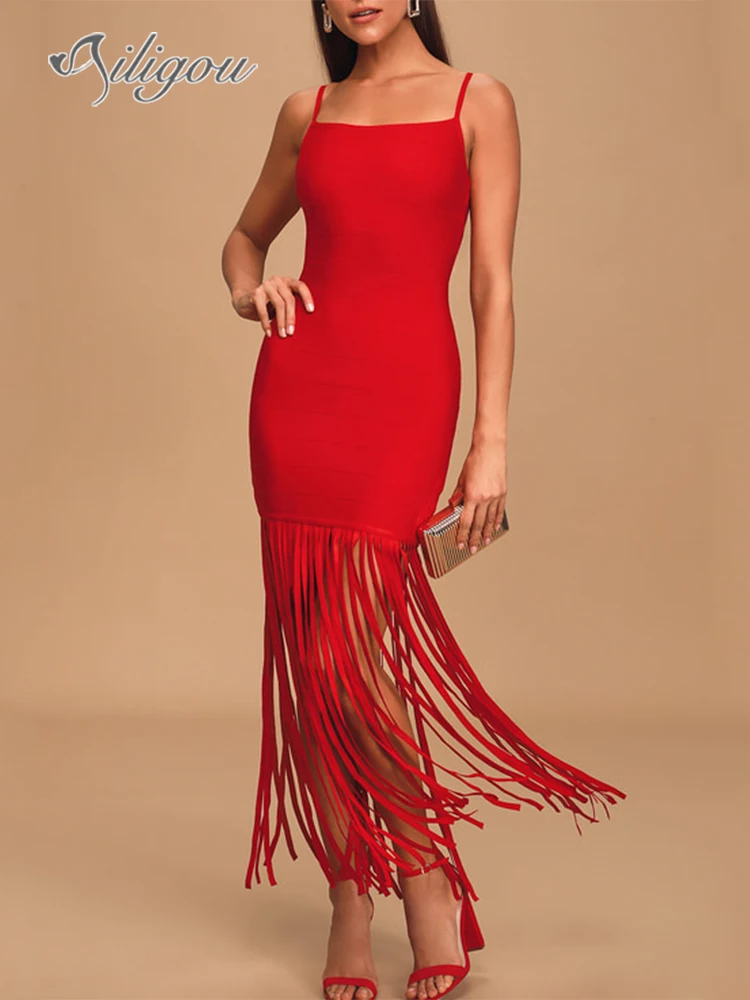 

Ailigou 2022 New Summer Women's Red Black Sleeveless Fringe Sexy Skinny Viscose Bandage Dress Sexy Celebrity Party Dress