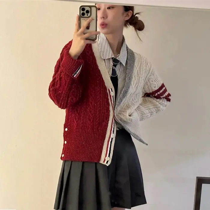

TB Thickened Sweater Autumn and Winter V-neck Long Sleeve Wool Knitting Cardigan College Style Loose Top Fashio