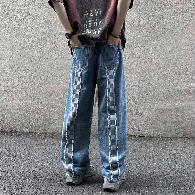 DEEPTOWN Patchwork Vintage Jeans Men Loose Casual Streetwear Hip Hop Denim Pants Oversize Plaid Pants with Crosses Trousers Male