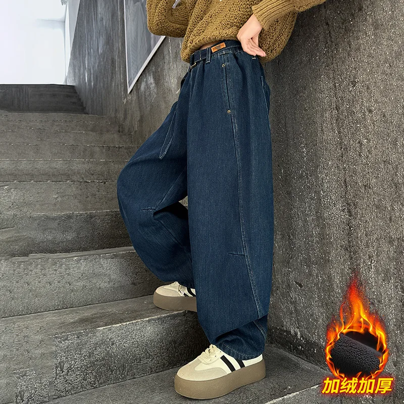 Толстые теплые джинсы для девочек и детей осень-зима 2024 новые детские свободные