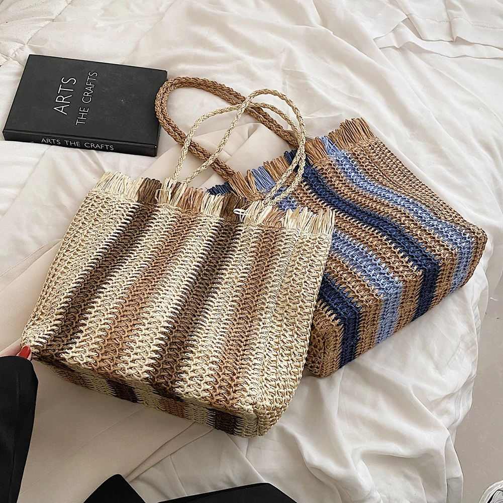 

New Fashion Stripes Straw Shoulder Handbags Summer Beach Holiday Totes Bags Handmade Woven Women Shoulder Bags Shopping Bags