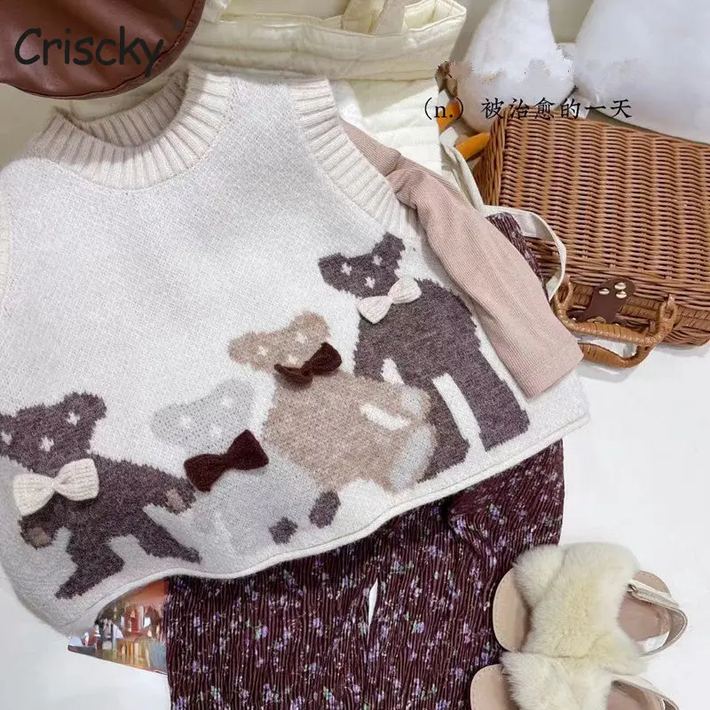 

Criscky Children's Sweater 2022 Spring Autumn Girls Bow Bear Round Neck Wool Vest Baby Girl Sleeveless Waistcoat Sweater Clothes