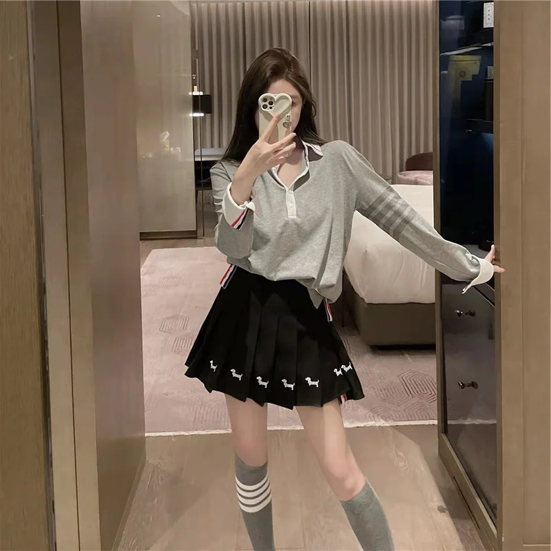 tb stitching lapel loose long-sleeved T-shirt women's spring and summer Korean version all-match college style Polo collar top