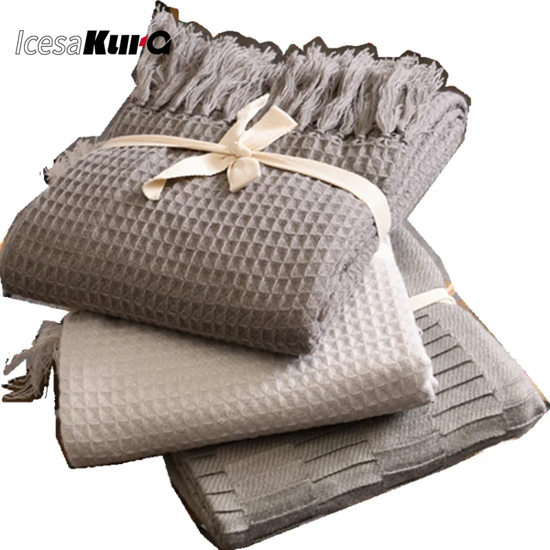 

European Modern Simple Style Solid Color Waffle Knitted Blanket Embossed Tassel Office Air Conditioning Nap Blanket