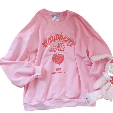 S-3XL Harajuku Kawaii Sweatshirt Strawberry Pink Sweatshirts Spring Kpop Korean Style Fleece Women Cute Top Outwear for Girls