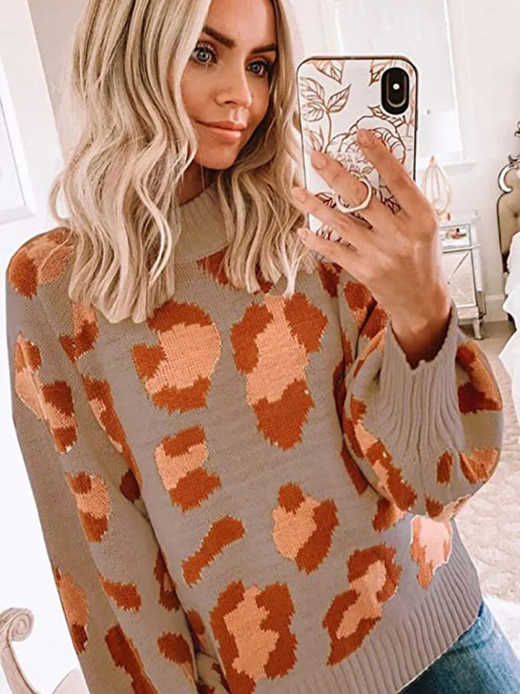 

New Winter Clothes Women Lazy Women's Leopard Print Pullover Round Neck Loose Oversized Sweater Korean Fashion Long Sleeve Top