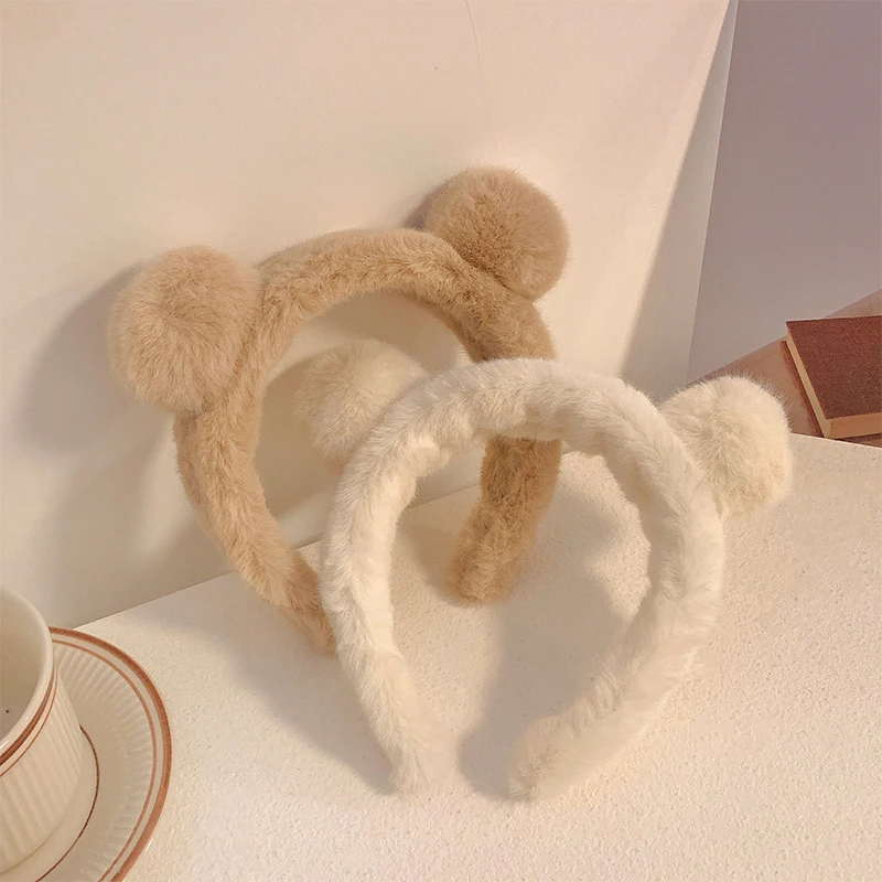 

2023 Cartoon Plush Bear Ears Headband Head Hoop Girl Cute Soft Hair Ball Hairband Makeup Hair Band Headdress Hair Accessories