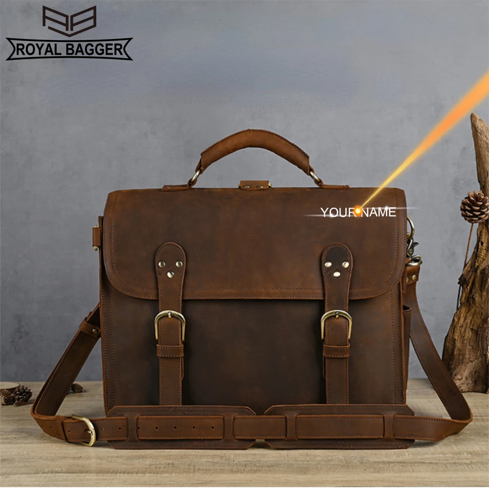 

Портфель Royal Bagger 008 мужской для ноутбука 15,5 дюйма, винтажный саквояж на плечо из кожи Крейзи Хорс, сумка-мессенджер большой вместимости