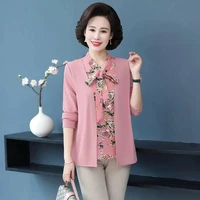 women blouse and tops 2022 spring long sleeve fake two pieces shirts large size middle age old female print elegant