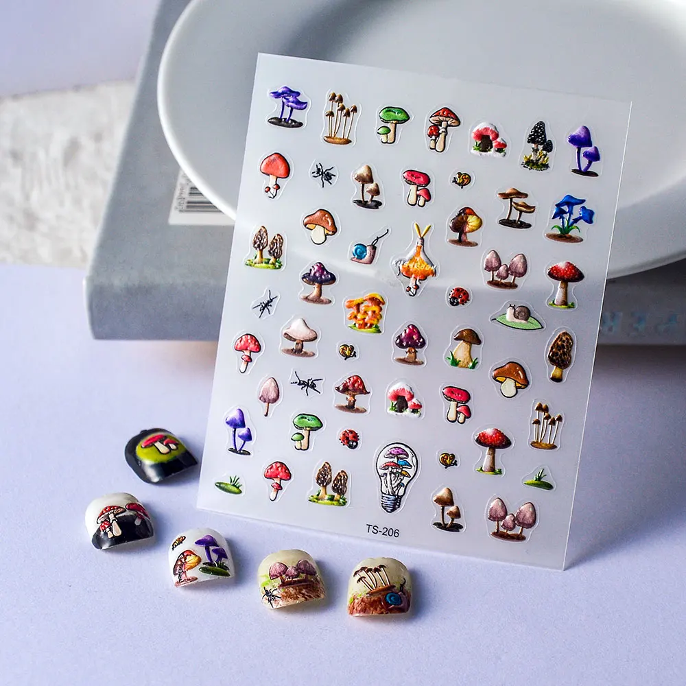 5D наклейка в виде грибов для ногтей Kawaii рельефная французский слайдер клейкий